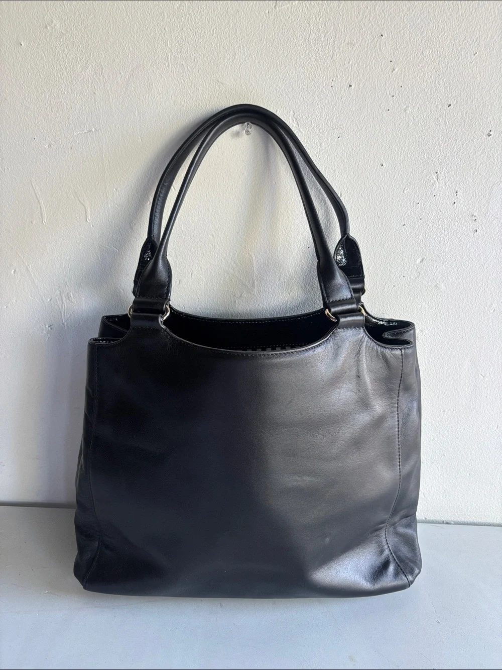 Classic Black Leather Tote with Turn-Lock Closure